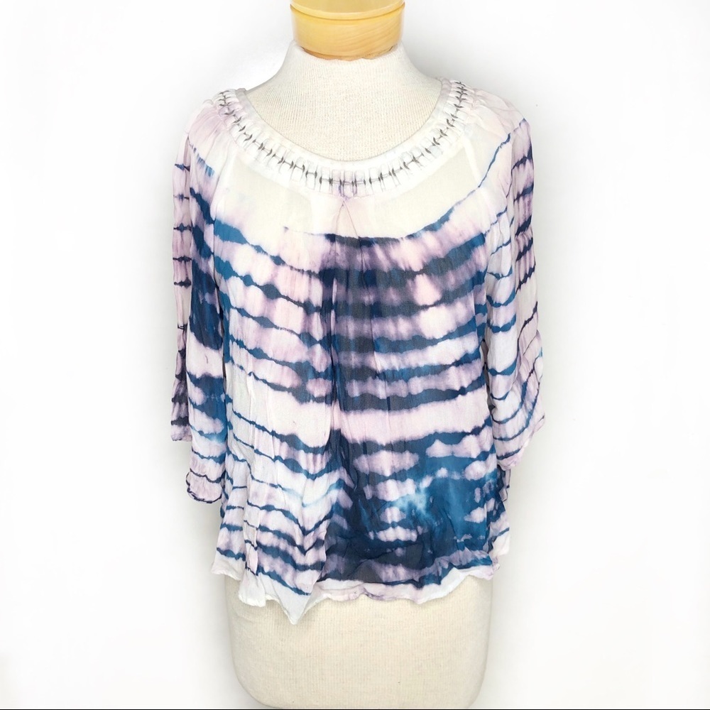 Tie Dye Boho Blouse Flowy Scoop Neck Top Blue White Festival Bohemian Small
